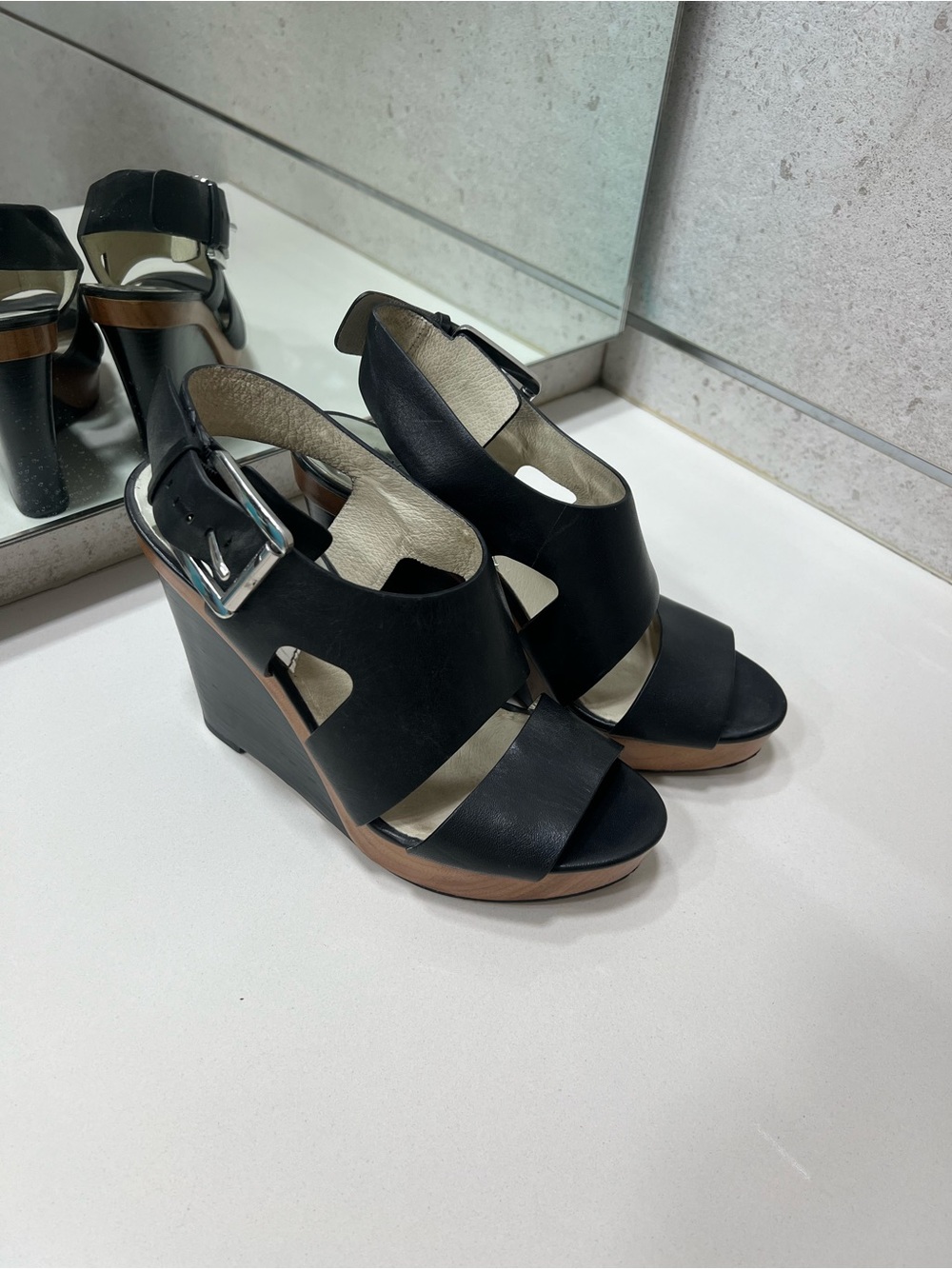 Michael Kors Black Leather Wedge Sandals with Buckle